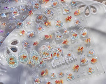 Holographic Goldfish Nail Art Stickers, 3D Iridescent Aquarium Bubble Decals, DIY Nail Design