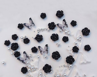 3D White/ Black Flower Charms, Flat Back Nail Charms, Black Camellias, White Flower Beads, Butterfly Nail with Pearls