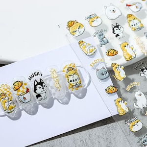 Stickers ongles mignons chien et chat, décalcomanies 3D husky samoyède exotiques, conception d'ongles animaux animaux de compagnie kawaii pour manucure DIY 107