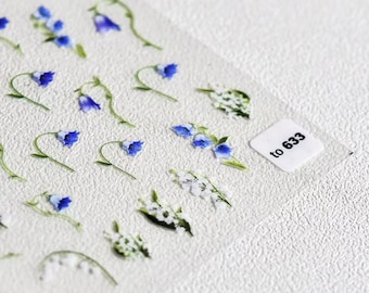 Adesivo per unghie 3D con mughetto, decalcomanie per unghie floreali primaverili bianche e blu, design autoadesivo per nail art con fiori, forniture per unghie 633