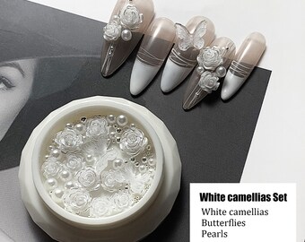 3D Nagel-Charms Set – Weiß, Schwarz, Rosa Acryl-Blumen (Kamelien, Rosen) & Schmetterlinge Mit Strasssteinen & Perlen