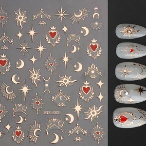 3D Shiny Gold Moon and Star Sticker,Hologram Cross Star Design,Red Heart Shape Nail Glamour Art Stickers, Self-Adhesive