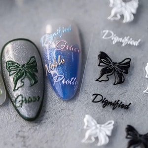 3D Bow Nail Art Sticker, Cute Black White Bows with Words, Self-Adhesive Decals, Aesthetic Deco for DIY Nails Design, 3 Colors