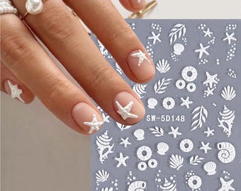 White Beach Shells Nail Art Stickers, 3D Shells, Starfish, and Seashells, Self-Adhesive Nail Decals 5D148