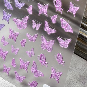 3D Butterfly Sticker,Pink Purple Nail Art,Floral Nail Decals, Self-Adhesive Embossed sticker, Hologram Nails Design