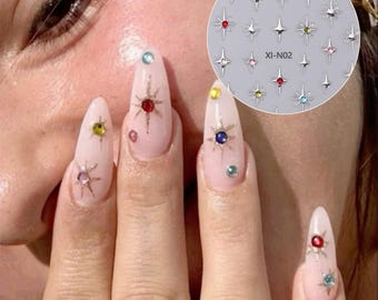 3D Silver Star Nail Stickers with Gems, Rhinestone Decals, N02