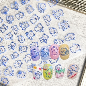 Cute Blue Bear Cartoon Nail Art, Bullet Journal Sticker Animal Self-Adhesive Nail Decals