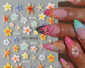 3D Starfish and Plumeria Nail Stickers, Ocean Summer Beach Nail Art Decals, Self-Adhesive Sea Flower Embossed Designs for DIY Manicure 128