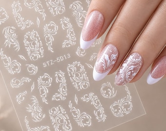 3D Lace Nail Art Stickers, White Flower Nail Design Wedding Decals