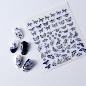Adesivos de unha de borboleta, design de arte de unha gravado em 3D azul, decalques de unha de inseto vintage, acessórios de manicure estética para unhas faça você mesmo 338