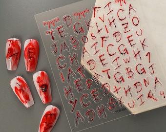 Pegatinas de uñas con letras de sangre de Halloween, calcomanías del alfabeto de terror 3D, arte de uñas con goteo rojo aterrador para una manicura espeluznante 894