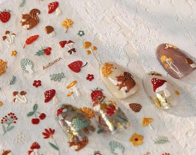 Mushroom Nail Art Stickers, Forest Fungi Squirrel Decals, Spring Flower Design, DIY Manicure 3871