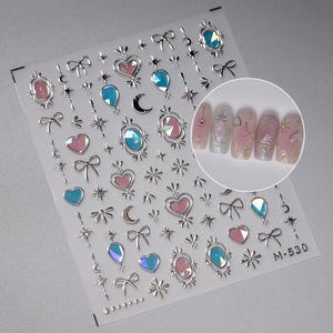 Silber Mond und Stern Aufkleber, Hologramm Stern Design, Rosa / Blau Herzform Nail Glamour Art Aufkleber, Shell Gloss selbstklebend