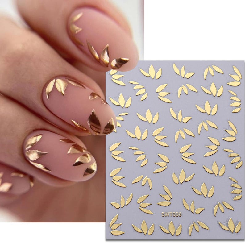 Gold Leaf Nail Art Stickers, Delicate Floral Design, Nail Decals for