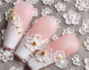 3D White Flower Nail Stickers, White Wedding Decals, Floral Nail Design, Spring Flower Self Adhesive Nail Art K062