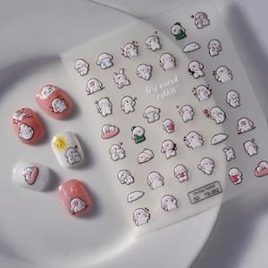 Cute Bunny Nail Art Stickers, 3D Chubby Rabbit Nail Decals, Kawaii Cartoon Nail Stickers for DIY Manicure, Animal Nail Design 262