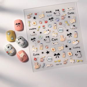 Lucky Cat Nail Stickers, White Yellow Cat Self Adhesive Nail Art Decals, Kawaii Nail Art Design, Cartoon DIY Nails 734