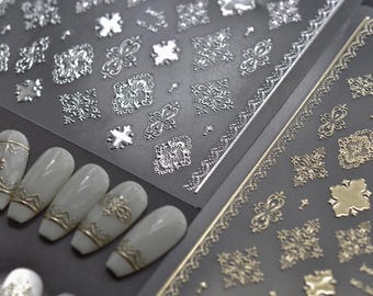 Pegatinas de uñas 3D doradas/plateadas, calcomanías de lujo barrocas para uñas, decoraciones metálicas repujadas de estilo vintage real para uñas, diseño de uñas DIY