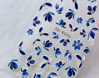 3D Blau Blumen Nagel Aufkleber, Blumen Abziehbilder für DIY Nagel Design K046