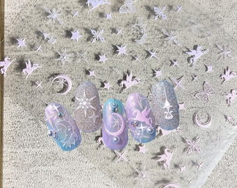 3D Nail Stickers,Unicorn Stickers,Stars Moon Butterfly Embossed Decals, Pink Wedding Nail Design,Self Adhesive Nail Art