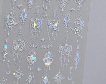 Pegatinas holográficas de mariposas para uñas, calcomanías autoadhesivas para uñas con motivos florales blancos, diseño de mariposas para uñas, uñas de bricolaje con flores