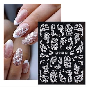 5D Nail Stickers, Lace Stickers, Elegant Embossed Flower Decals, White Wedding Nail Design,Self Adhesive Nail Art