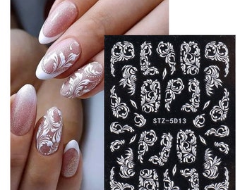 5D Nail Stickers, Lace Stickers, Elegant Embossed Flower Decals, White Wedding Nail Design,Self Adhesive Nail Art