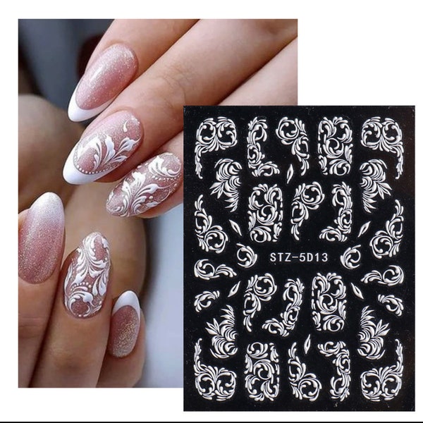 Stickers 5D pour ongles, Stickers dentelle, Stickers fleurs en relief élégants, Design d'ongles de mariage blanc, Art d'ongles auto-adhésif