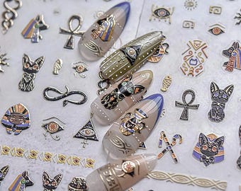 Luxury Gold Outlined Ancient Egypt Nail Stickers, Mummy Hieroglyphs Pharaoh DIY Designs, Personalized Nail Art Decal