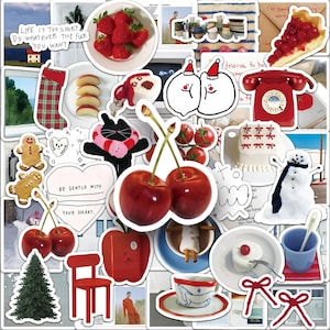 Puede incluir: Un collage de pegatinas variadas con fresas, cerezas, un teléfono rojo, un gato negro con una bufanda rosa, un muñeco de nieve y el texto "LIFE IS TOO SHORT DO WHATEVER THE FUCK YOU WANT."