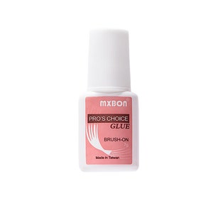 Op de afbeelding: Een witte fles MXBON Pro's Choice Brush-On Glue, 7g. De fles heeft een roze etiket met witte tekst.
