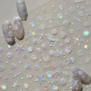 Stickers nail art hologrammes coquillages blancs, coquillages 3D, étoiles de mer et coquillages, stickers auto-adhésifs 2285