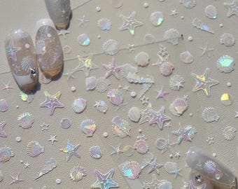 White Hologram Shells Nail Art Stickers, 3D Shells, Starfish, and Seashells, Self-Adhesive Nail Decals 2285