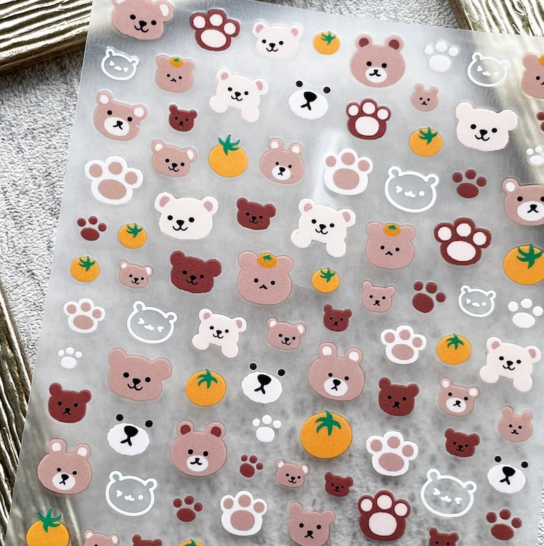 Brown Cartoon Bear Nail Stickers, Cute Self Adhesive Nail Art Decals,White Bear's Paw Nail Art Design, DIY Nails image 3