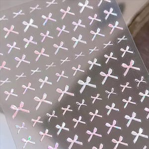 Shell Iridescent Bow Nail Stickers, Holographic Ribbon Nail Decals, Aurora Pastel Pink Bows, Pearl Shine DIY Nail Art Decor