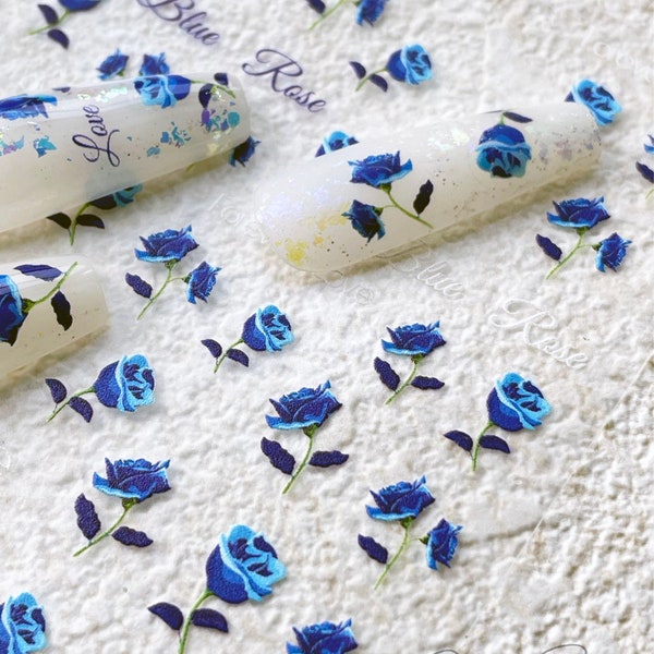 Blue Rose Nail Sticker,Nail Art, Blue Flowers Self-Adhesive Nail Decals, Spring Floral