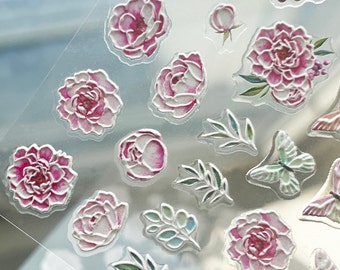 Pink 3D Peony Flower Design Nail Art Stickers, Butterfly Self-Adhesive, Leaf Manicure Decorations, Popular Nail Decals