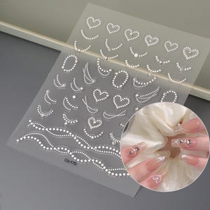 Adesivos de unha de pérola, decalques de unha com strass 3D, adesivos de unha com coração e linha branca para manicure faça você mesmo, design minimalista de unhas de noiva 170