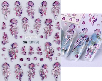 Summer Beach Nail Art Stickers, Purple Jellyfish, 3D Ocean Theme Nail Decals, Self-Adhesive Nail Decals 5D138
