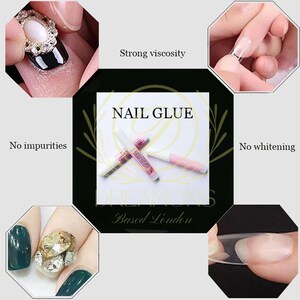 May include: Image of nail glue with the text "NAIL GLUE" and "DREAMONS Based London". The image also shows close-ups of nails with nail art and the application of artificial nails. The text "Strong viscosity", "No impurities", and "No whitening" are also visible.