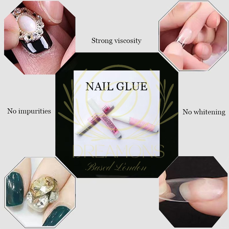 May include: Image of nail glue with the text "NAIL GLUE" and "DREAMONS Based London". The image also shows close-ups of nails with nail art and the application of artificial nails. The text "Strong viscosity", "No impurities", and "No whitening" are also visible.