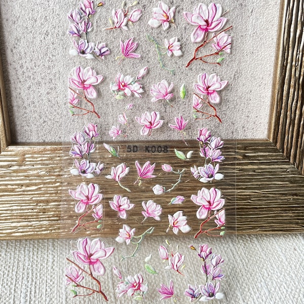 3D Pink Floral Stickers, Magnolia Flower Nail Decals, Self Adhesive Nail Art Design, DIY Nails, Hologram Nails K008