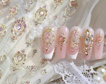 3D Luxury Nail Art Stickers, Pink Gem & Gold Frame Nail Decals, Self Adhesive Rhinestone Manicure Supplies, Boho Design DIY Nail Decoration