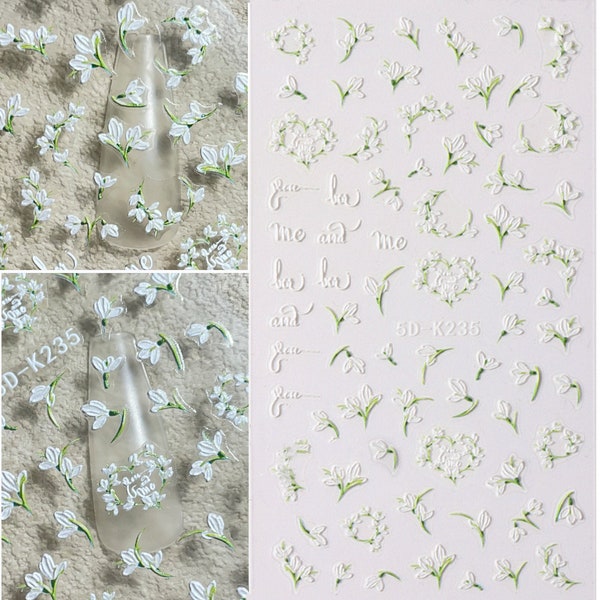 White Flower Lettered Magnolia Spring Floral Nail Art Stickers, 3D Self-Adhesive Decals