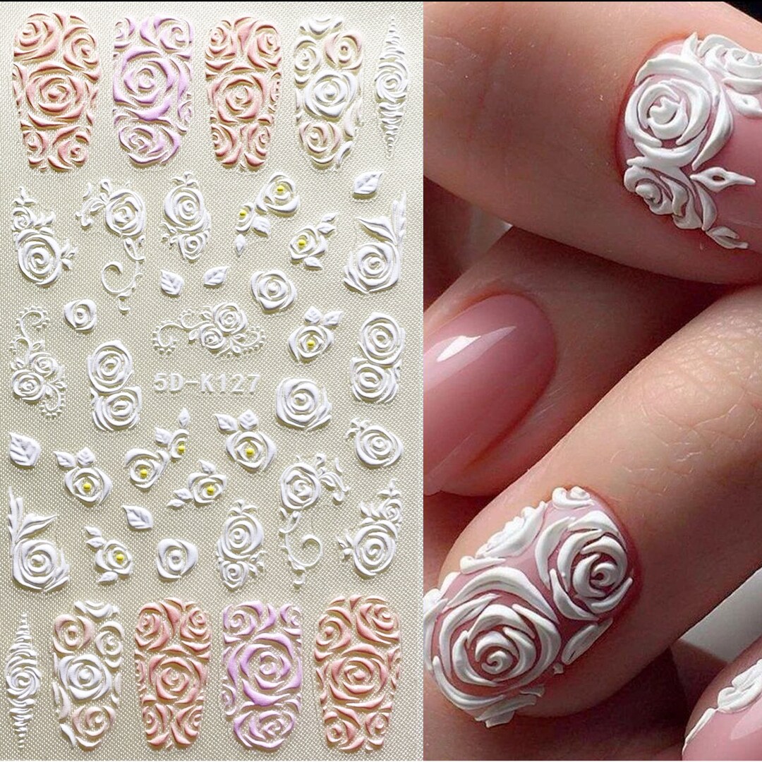 5D Nail Stickers rose Stickers elegant Embossed Floral Decals white