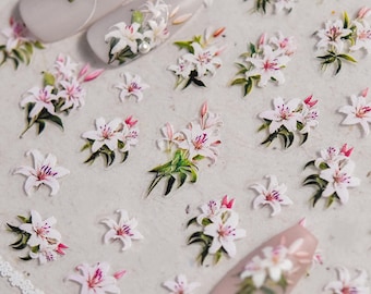 3D Pink White Floral Nail Stickers, Lily Nail Art Decals, Lily