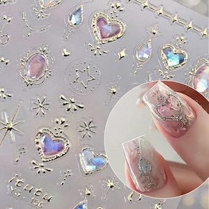 Holographic Crystal Heart Nail Stickers, 3D Gold /Silver Outline Magic Wand Moon Star Nail Decals, Princess DIY Nail Art Design