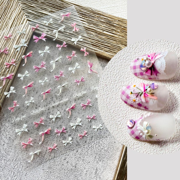 Pink White Bow Nial Stickers, Cute Nail Decals, Flowers Nail Art,  Self-Adhesive for Nail Design, Spring Floral