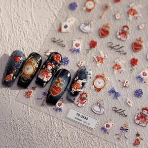 Pegatinas para uñas con diseño de Alicia en el país de las maravillas, calcomanías para decoración de uñas DIY para calcomanías para uñas AIW, diseño de arte de uñas autoadhesivo con lazo azul y flores rojas, uñas DIY 3935