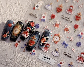 Cute Alice Nail Stickers, DIY Nail Art Decals for AIW Nail Decals, Red Floral Blue Bow Self Adhesive Nail Art Design, DIY Nails 3935